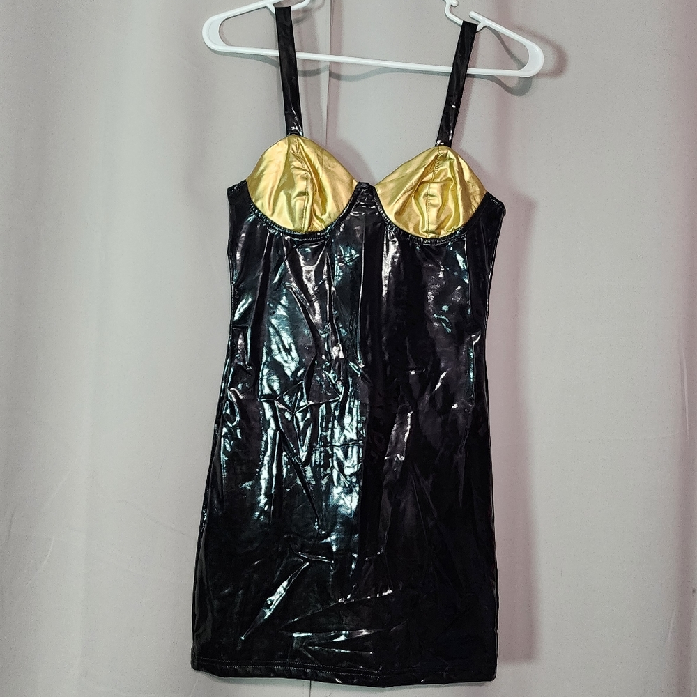 Black & Gold PVC Vinyl Mini Dress - XS